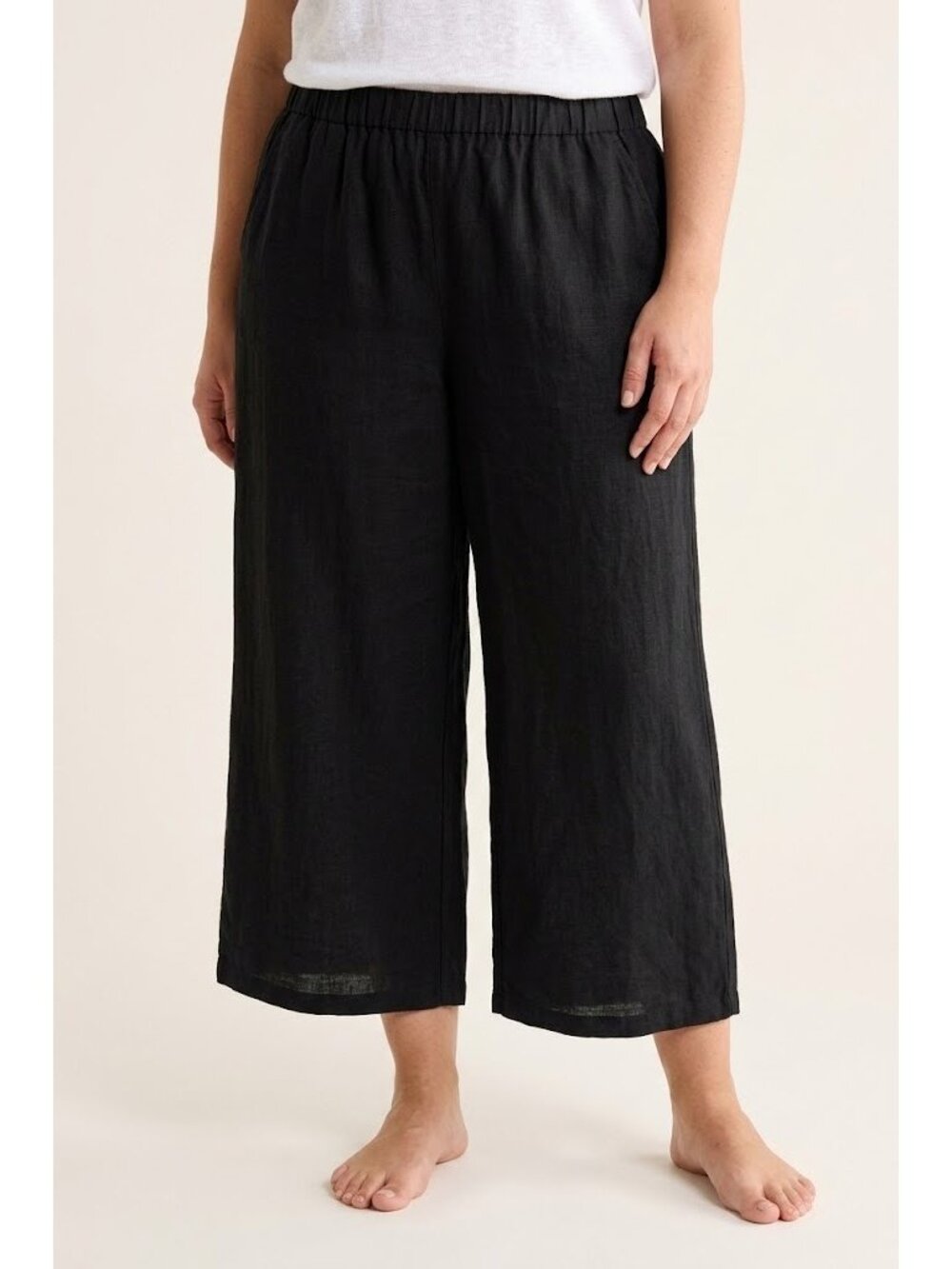 NWT Eileen Fisher Wide Ankle in Black Organic Linen Pull-on Crop Pants XL